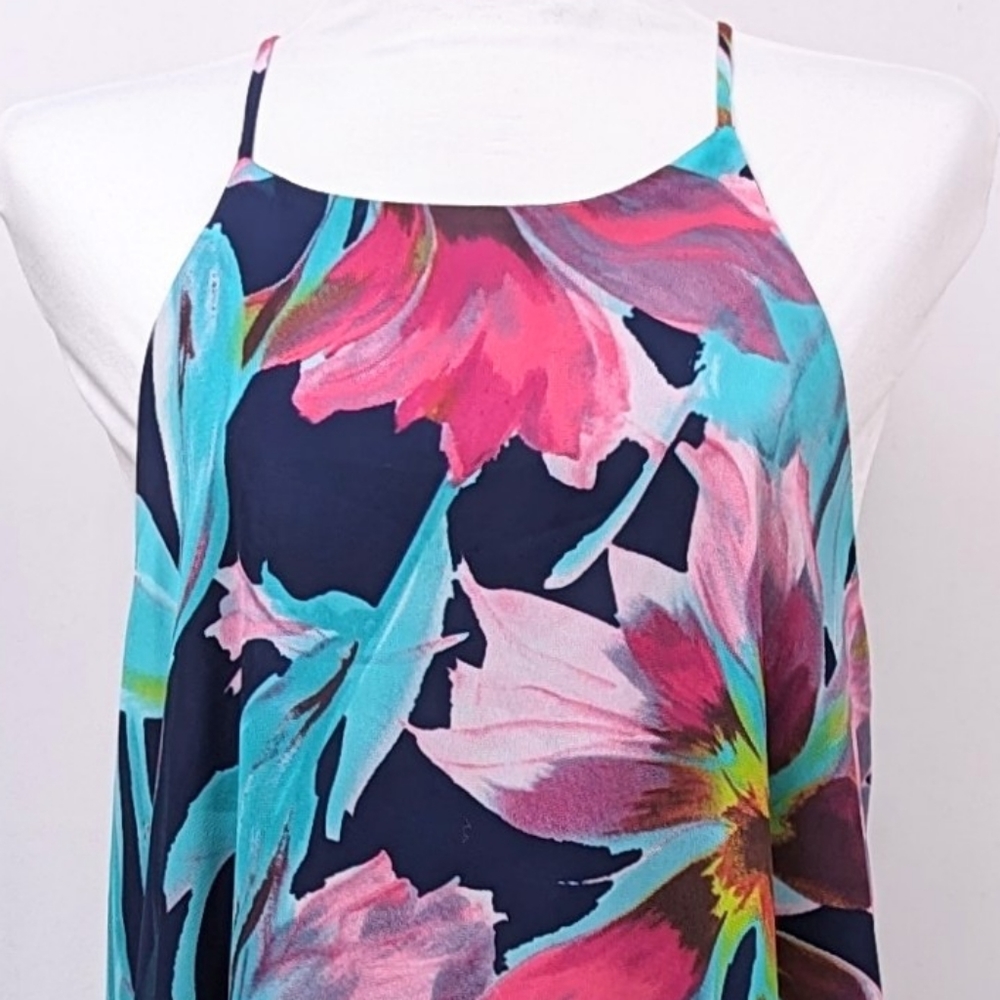 LuLu's Here and Luau Swing Dress Tropical Floral Print Spaghetti Strap Navy Med - Picture 5 of 15